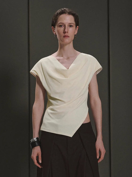 Asymmetric Cowl Neck Cotton Blend Cap Sleeve T-Shirts