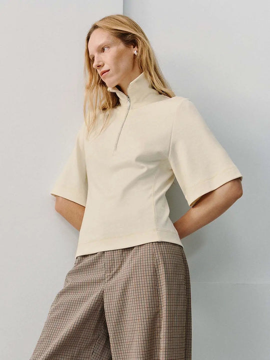 Fitted Short Sleeve Half-Zip Cotton Wool Blend Pullover