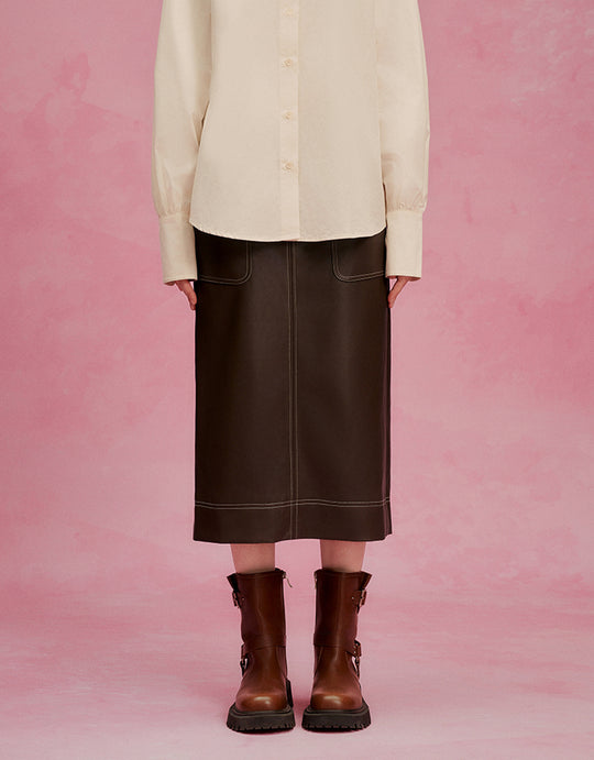 Vegan Leather Midi Straight Skirt