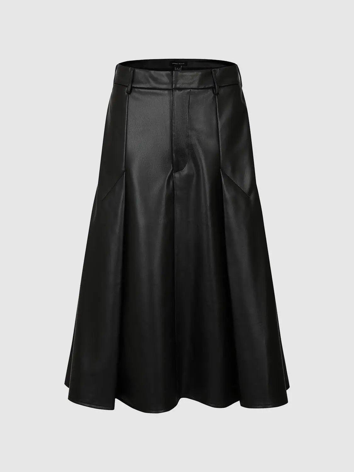 Pleated vegan leather A-line skirt, black, knee-length