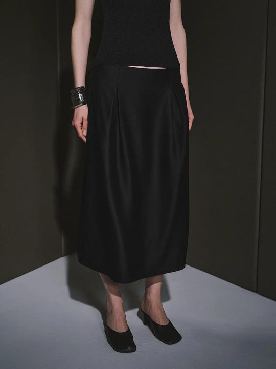 Pleat Detail Aline Wool Silk Blend Midi Skirt