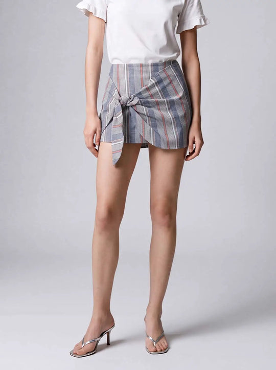 Striped Cotton Blend Knot Wrap Skirt