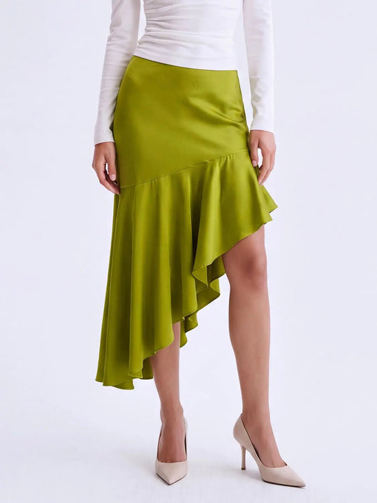 Fitted High-waisted Ruffle Asymmetric Midi Skirt