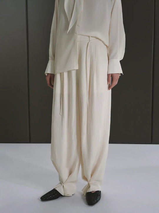 Viscose Linen String Detail Pleated Wide Leg Pants