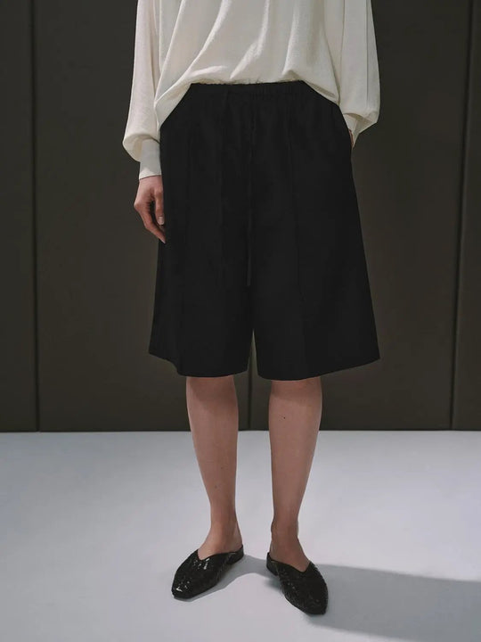 Wool Blend Drawstring Wide Leg Tailored Shorts