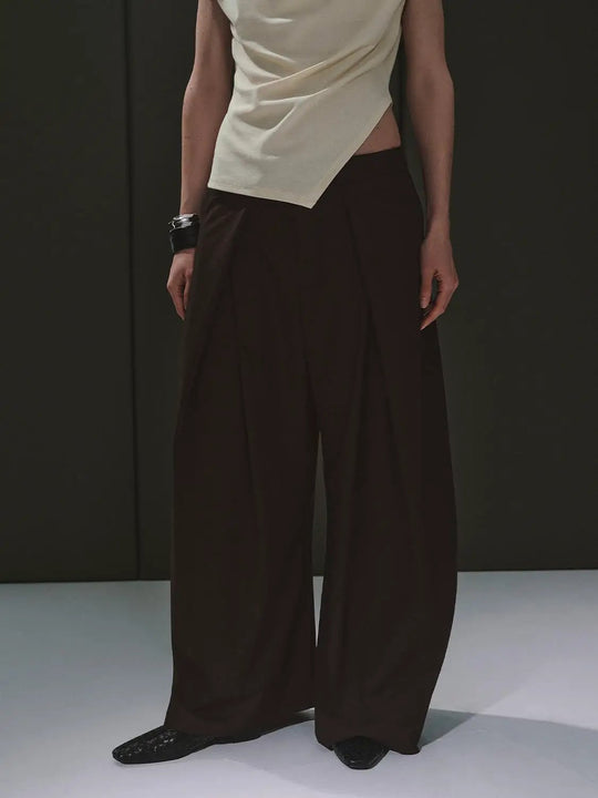 Pleated Wide Leg Wool Blend Elegant Trousers