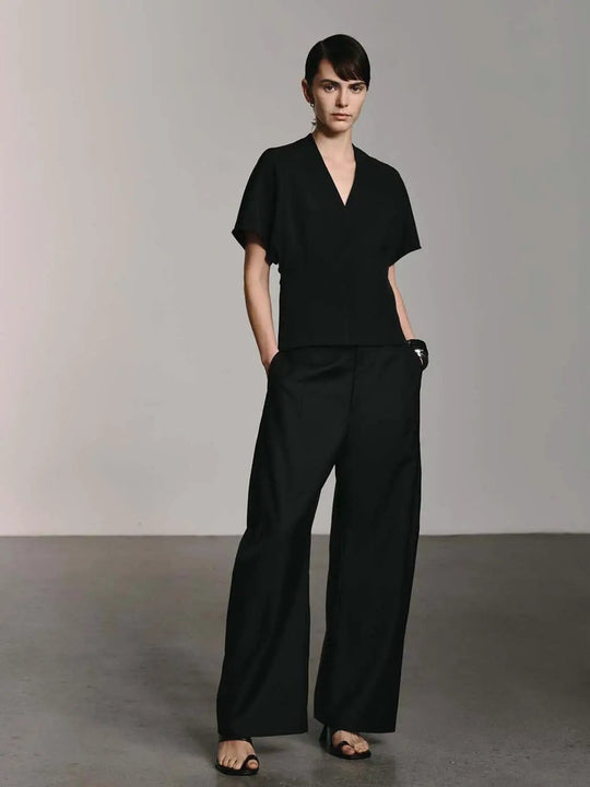 Polyester Wool Blend With Slight Stretch Barrel Leg Pants