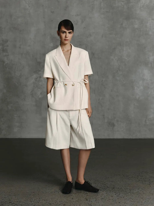 Linen Cotton Blend Pleated Wide Leg Shorts