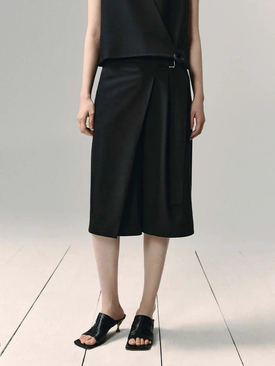 Pantaloni midi avvolgenti a gamba ampia in misto lana