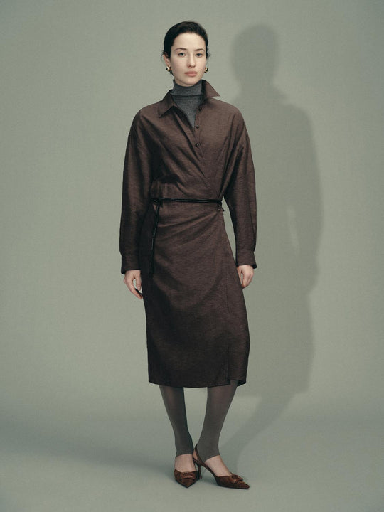 Tie Belt Long Sleeve Straight Midi Dresses