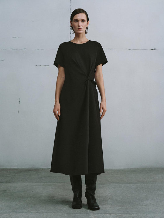 Short Sleeve Knot Front A-Line Midi Dresses