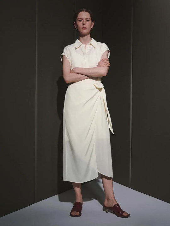 Cream Cap Sleeve Silk Blend Wrap Midi Dresses