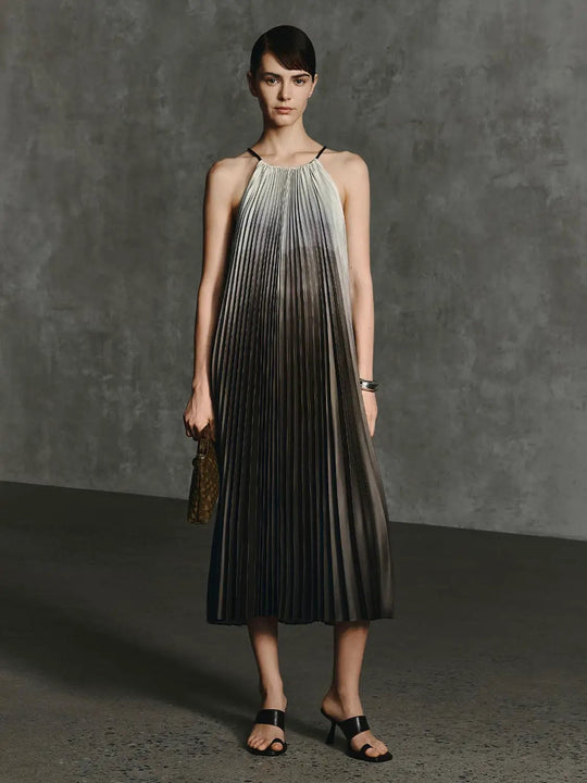 Halter Neck Metallic Pleated A-Line Midi Dresses