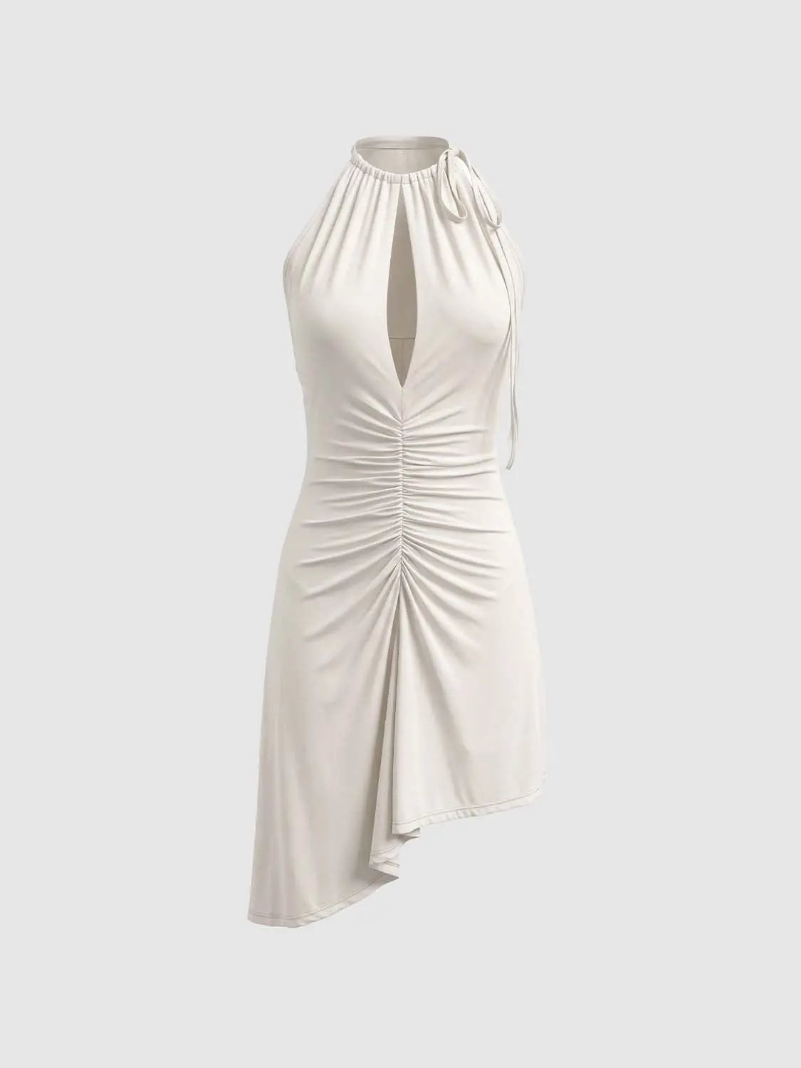 A-Line Dresses: ivory satin halter-neck dress with front keyhole and ruched draped hem
