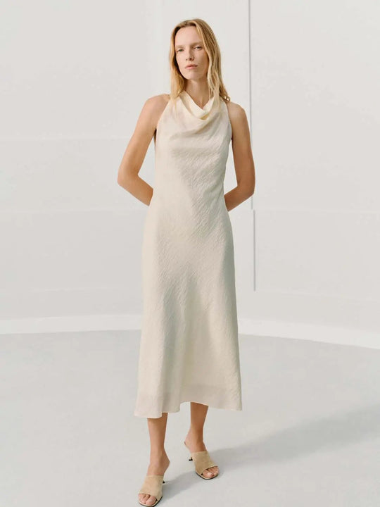 Textured A-Line Cowl Neck Sleeveless Midi Dress