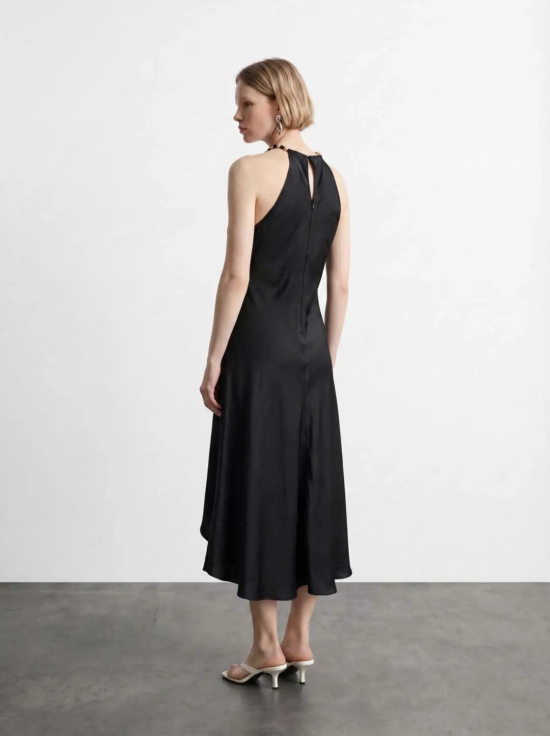 A-Line dress, Urban Revivo Fashion, black satin midi length with back keyhole.