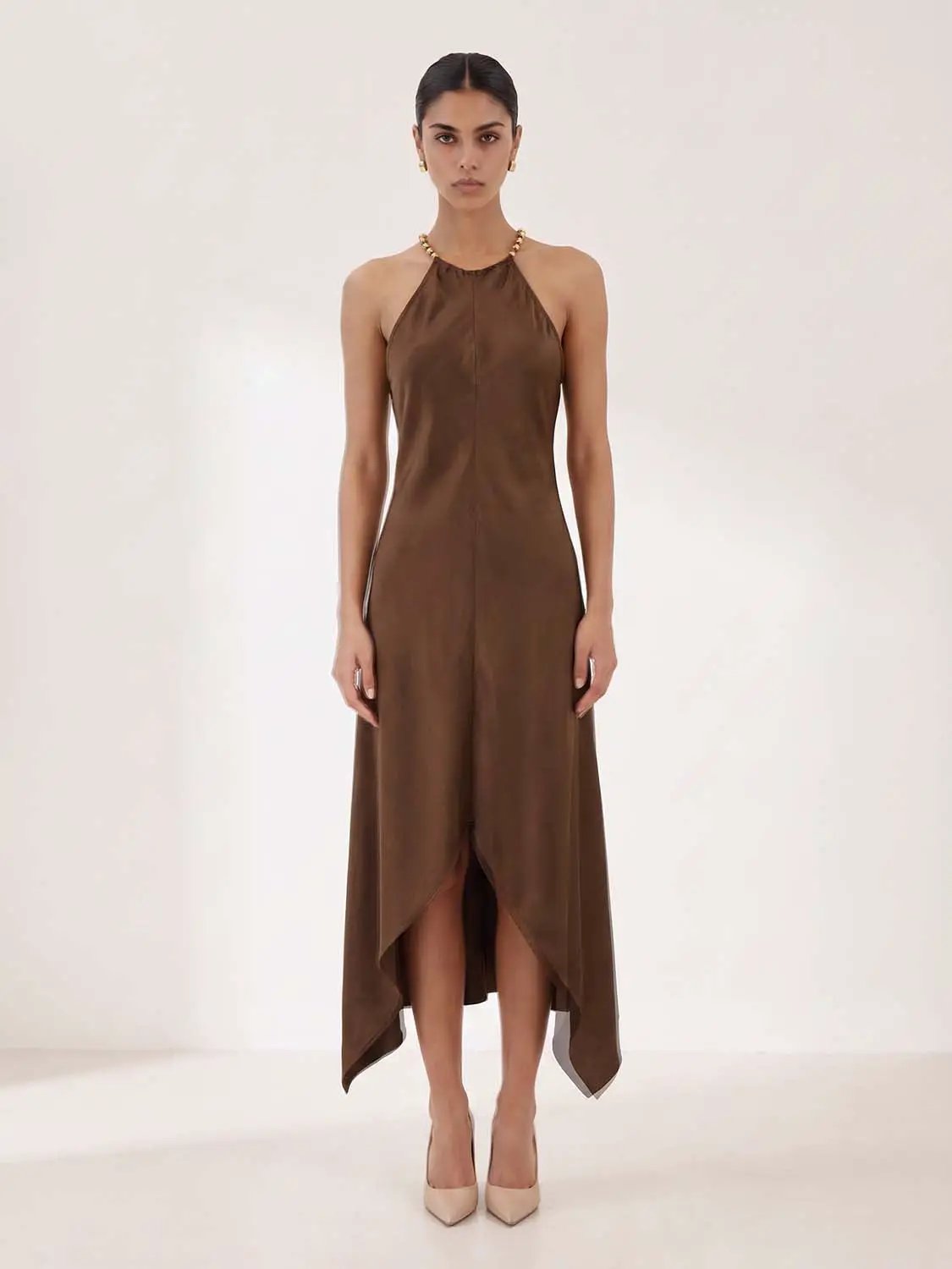 A-Line satin brown halter dress with asymmetric hem