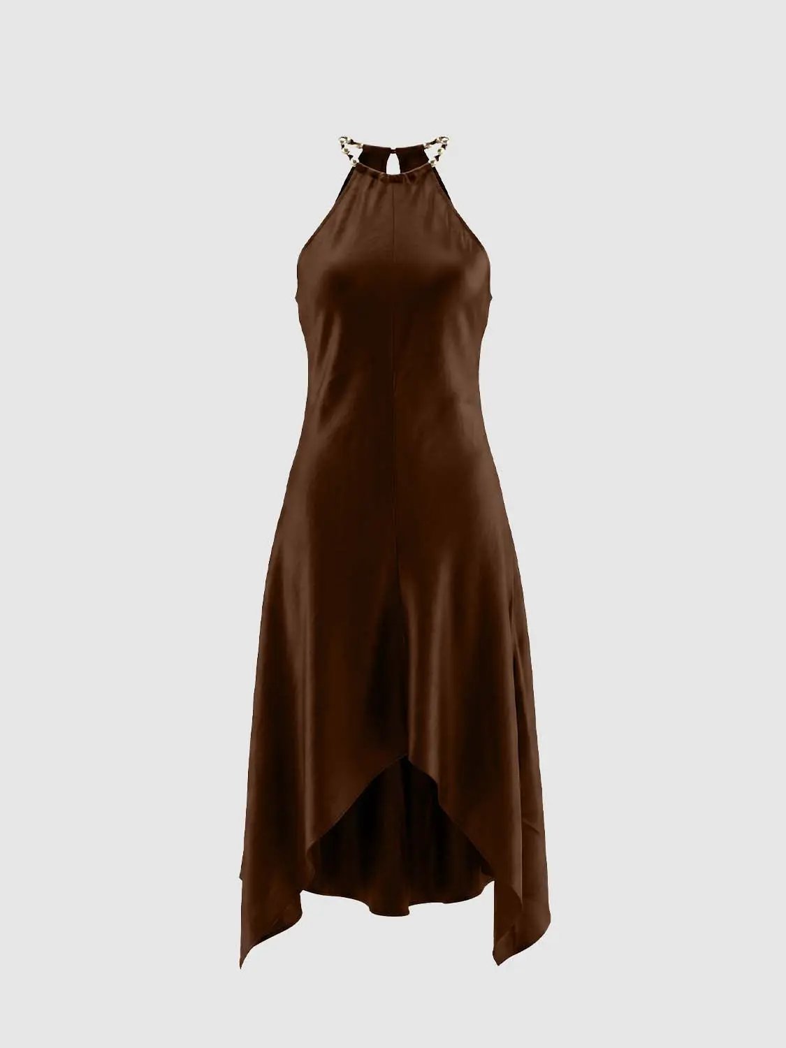 A-line dress in brown satin with halter neck and chain-style straps, Urban Revivo Fashion.