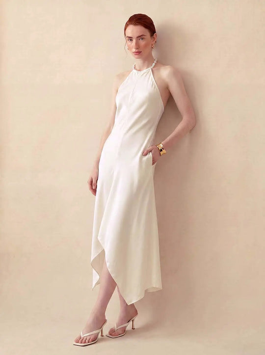 Pearl Halter Sleeveless Asymmetric A-Line Dress