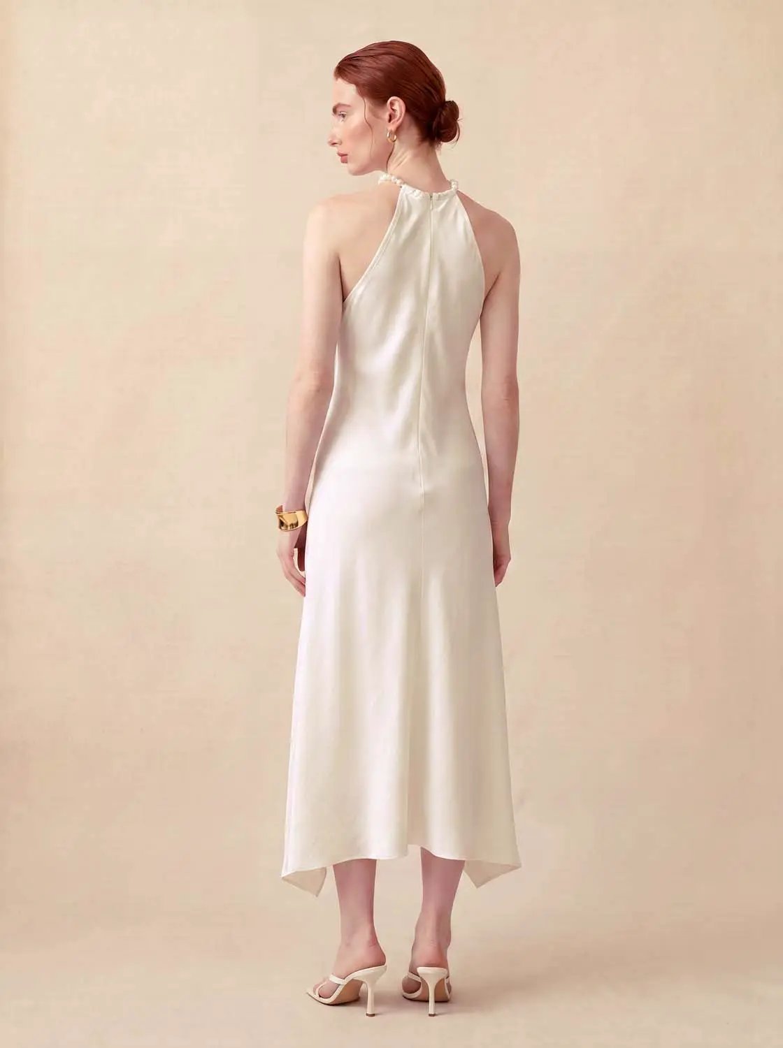 A-Line dress in ivory satin with halter neckline, back view by Urban Revivo Fashion