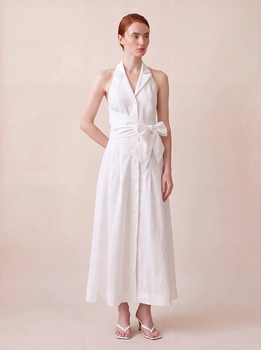 Tie Waist A-Line Collared Sleeveless Maxi Cotton Linen Dress