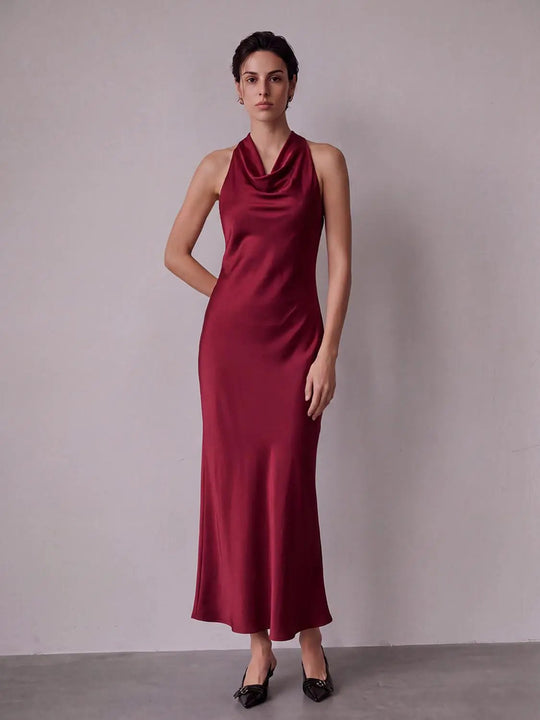 Draped Cowl Neck Sleeveless Fitted Maxi Dress