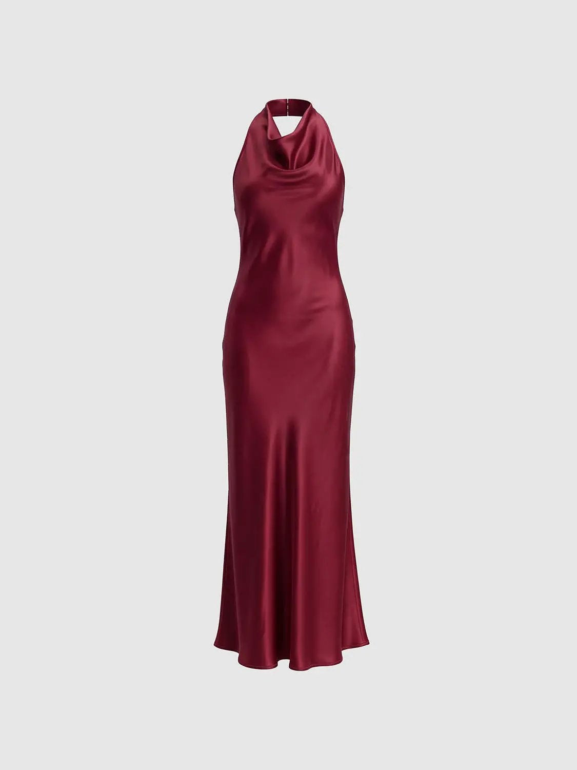 Urban Revivo Fashion S-Line Dress, burgundy satin, halterneck, skinny-fit maxi dress