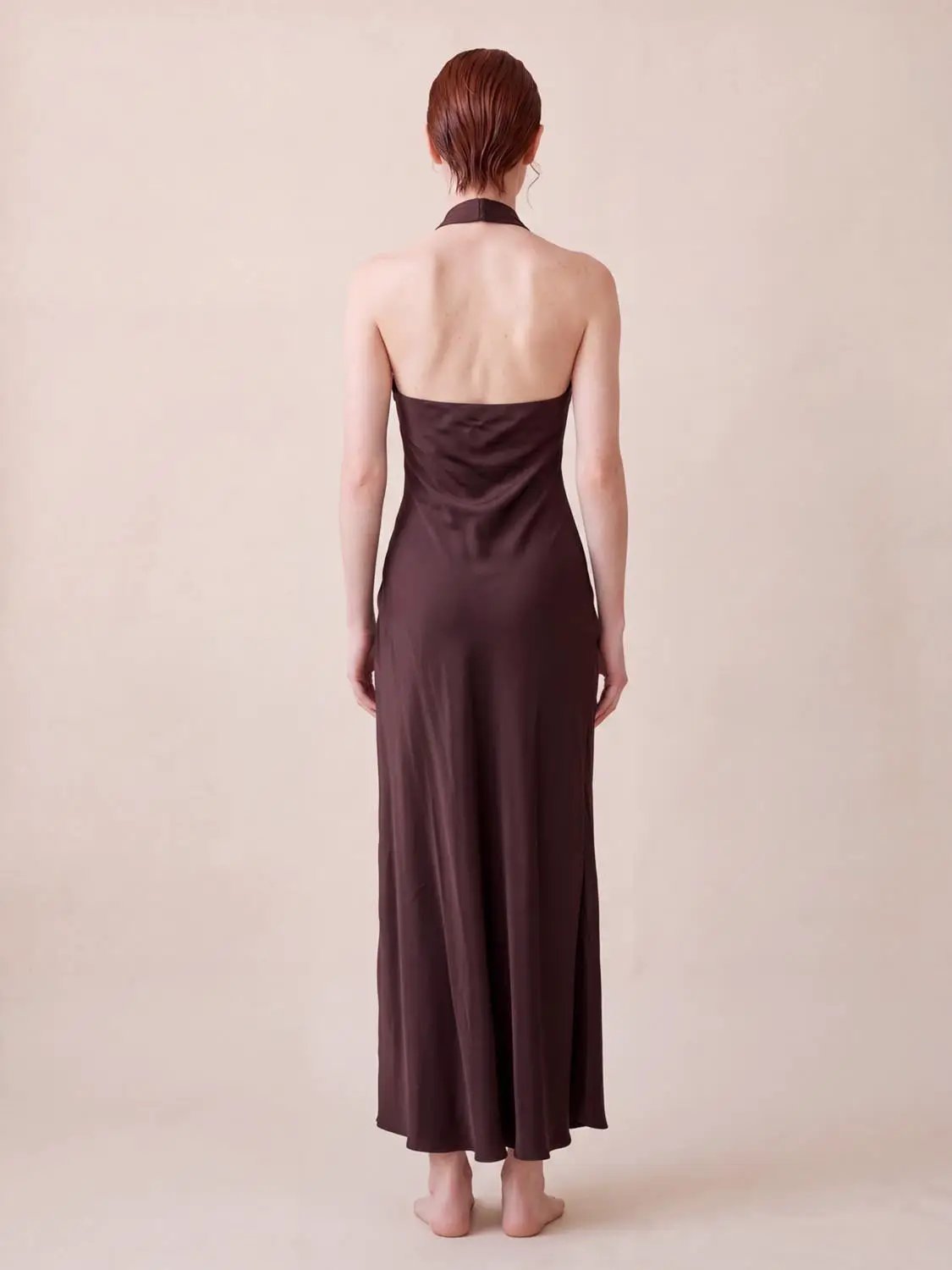 S-Line Dress in dark brown satin with halter neck and open back, ankle-length, Urban Revivo Fashion