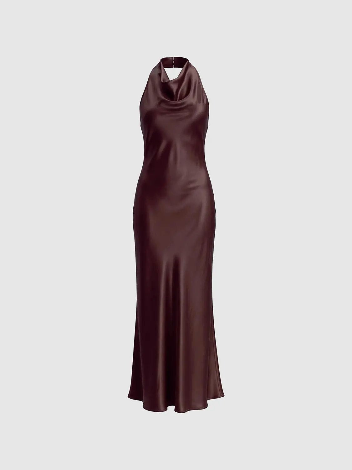 S-Line Dress, burgundy satin long halter-neck skinny-fit slip dress by Urban Revivo Fashion