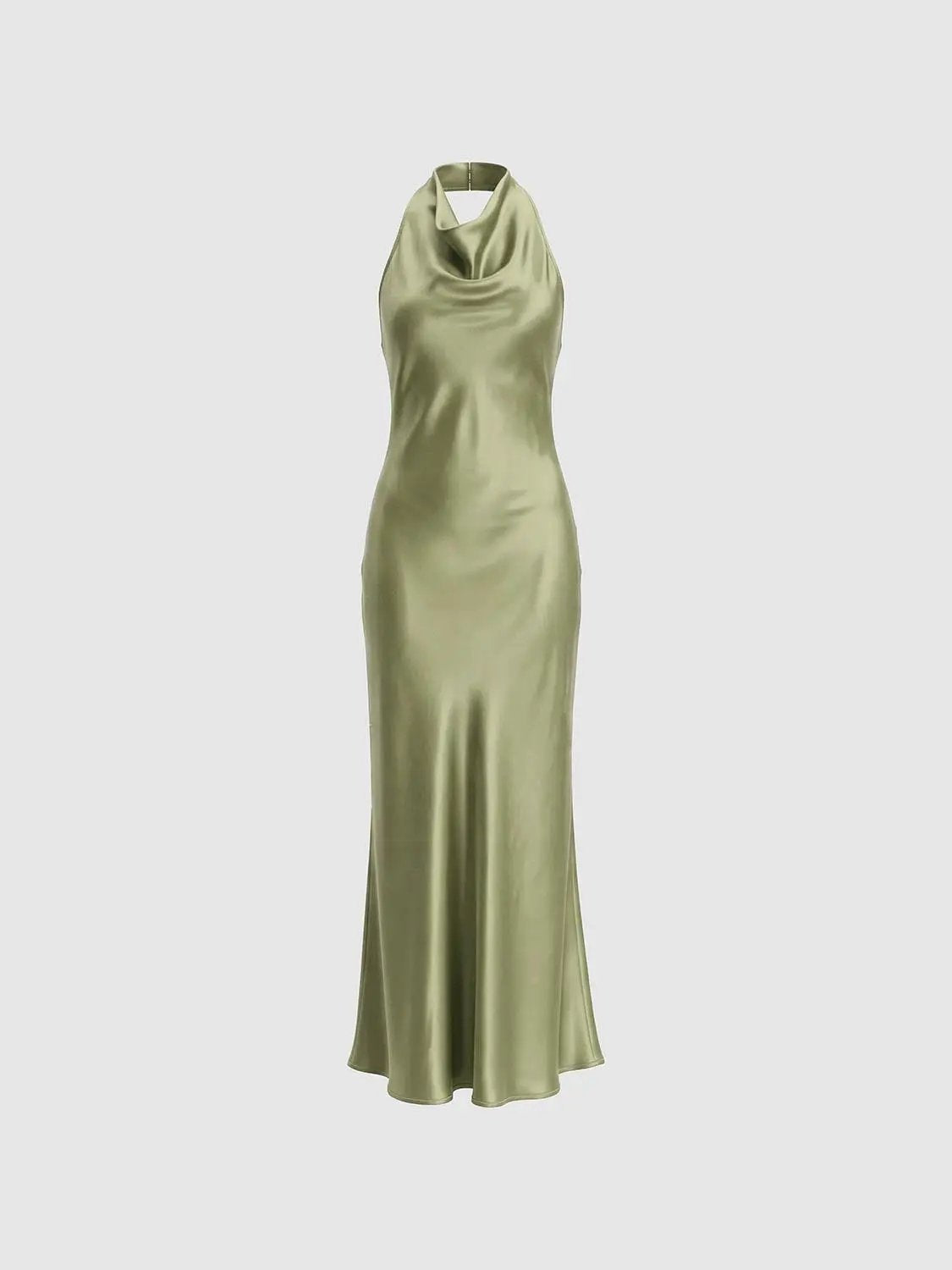 S-Line Dress by Urban Revivo, olive satin, floor-length halter-neck.