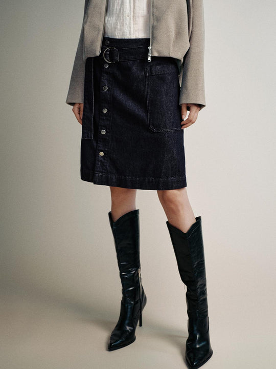 Belted Button Detail Denim Midi Skirts