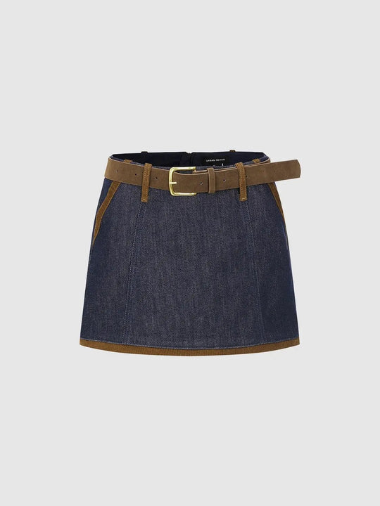 Belted Denim With Contrast Trim Mini Shorts