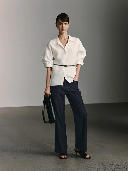 Cotton Blend Stretch Denim Wide Leg Jeans