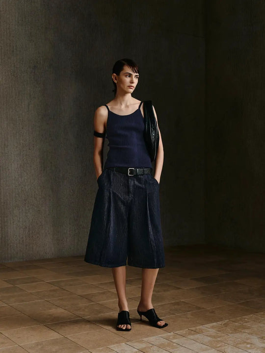 Cotton Hemp Denim Wide Leg Pleated Cropped Jeans