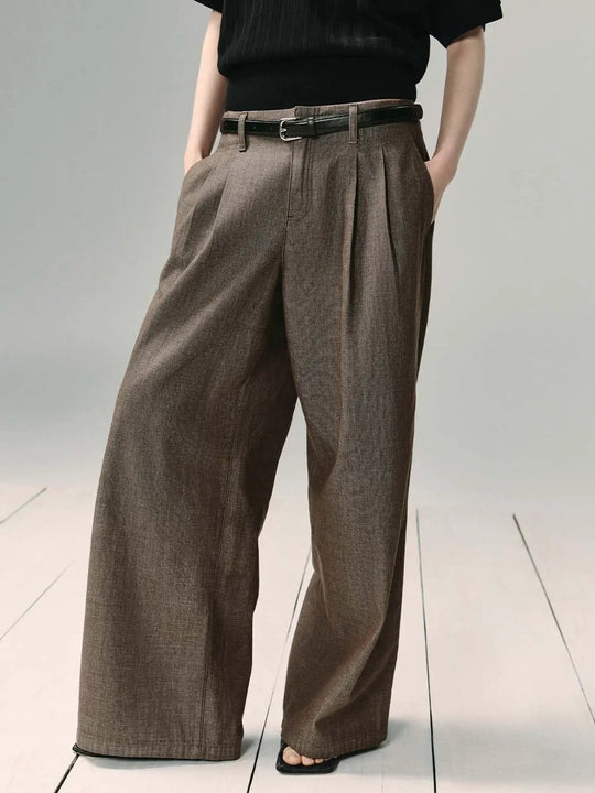 Pleated Wide-leg High-waisted Cotton Pants