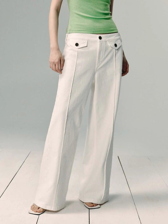 Buttoned Wide-leg Cotton Denim White Pants