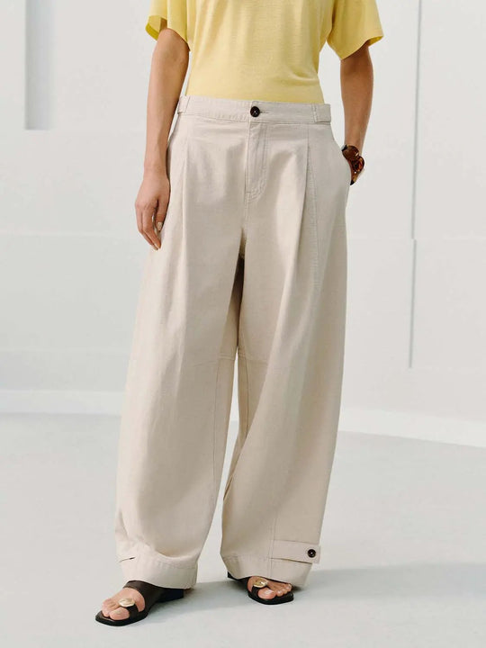 Pleated Cuffed High-waisted Wide-leg Cotton Pants