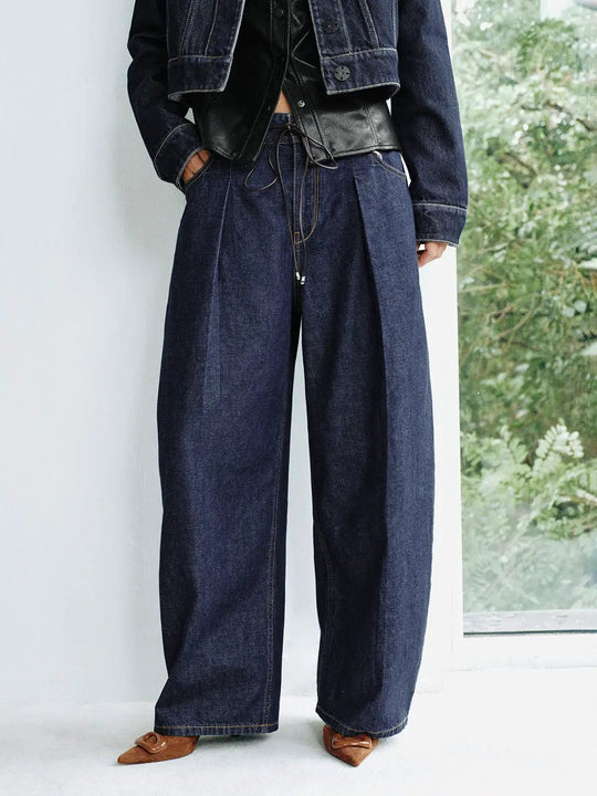 Pleated Wide-Leg Cotton Hemp Blend Jeans