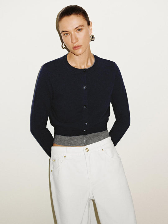 Contrast Hem Crew Neck Knitted Cardigans