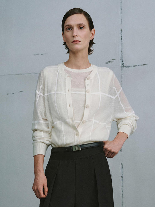 Crew Neck Contrast Check Knitted Cardigans