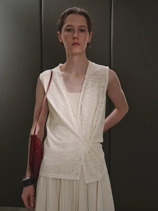 Cotton Knit V-Neck Sleeveless Classic Cardigan