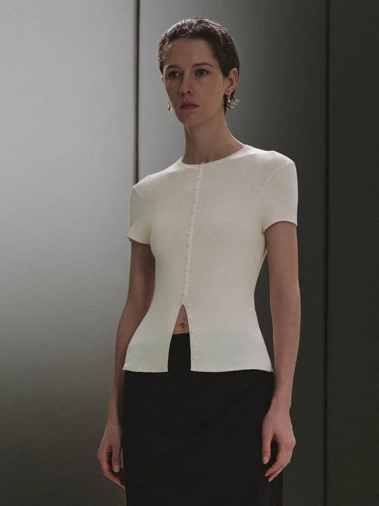 Lyocell Silk Blend Button Detail Crew Neck Knit Top