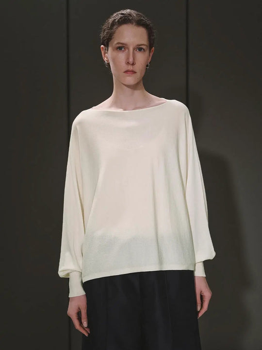 Wool Silk Blend Boat Neck Knitted Long Sleeve T Shirts