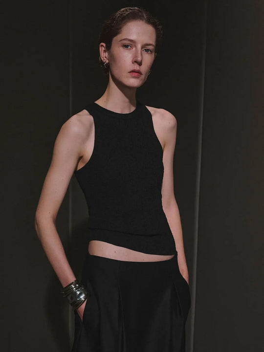 Soft Textured Knit Sleeveless Crew Neck Top