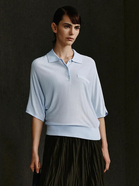 Lyocell Silk Blend Light Blue Polo Collar Tops