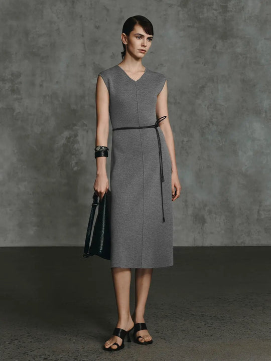 Grey Polyamide Blend Midi Belt Dresses With Subtle Stretch