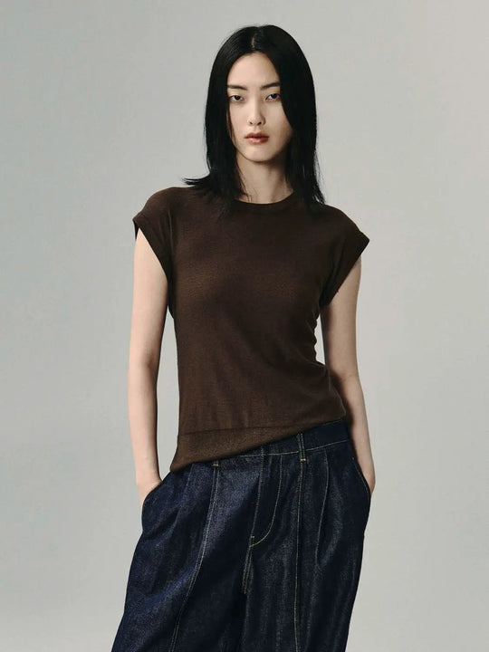 Solid Knit Crew Neck Tie Waist Short Sleeve T-shirt