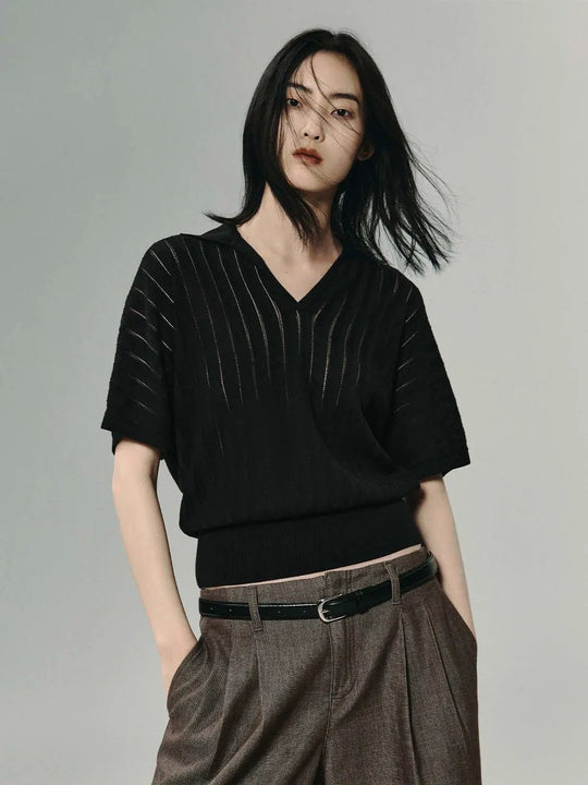 Ribbed Textured Knit V-neck Cotton Shirt