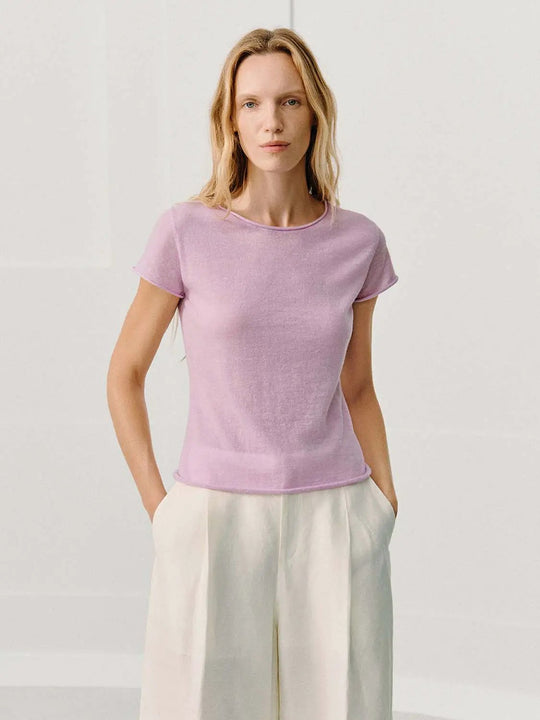 Fitted Knit Crew Neck Short Sleeve Wool Blend T-Shirt