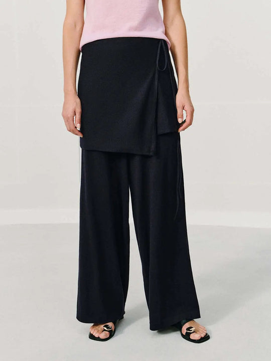 Black Front Wrap Panel Detail Knit Wide-leg Pants